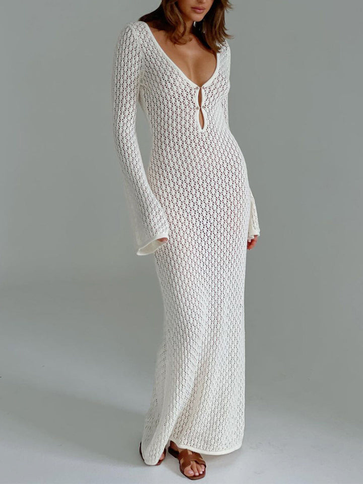 Women’s Crochet Keyhole Maxi Dress with Fluted Sleeves