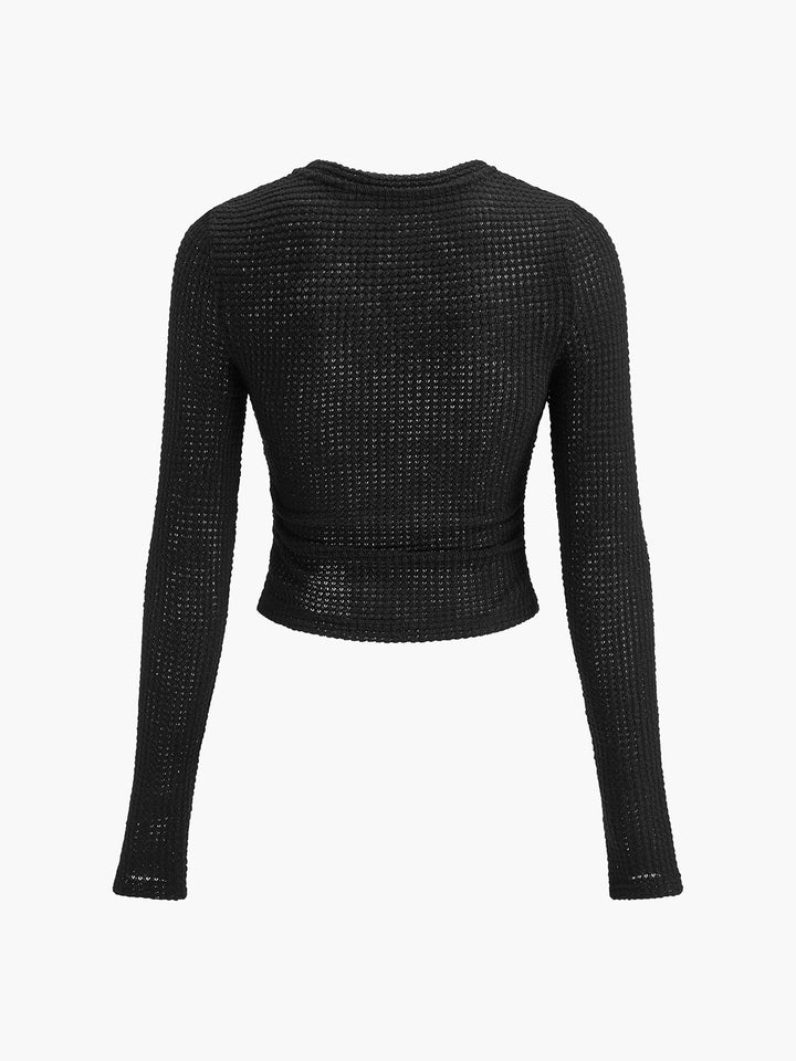 Women’s Long Sleeve Waffle-Knit Cropped Top with Flared Cuffs