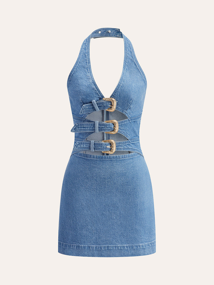 Women’s Denim Halter Mini Dress with Buckle Detail