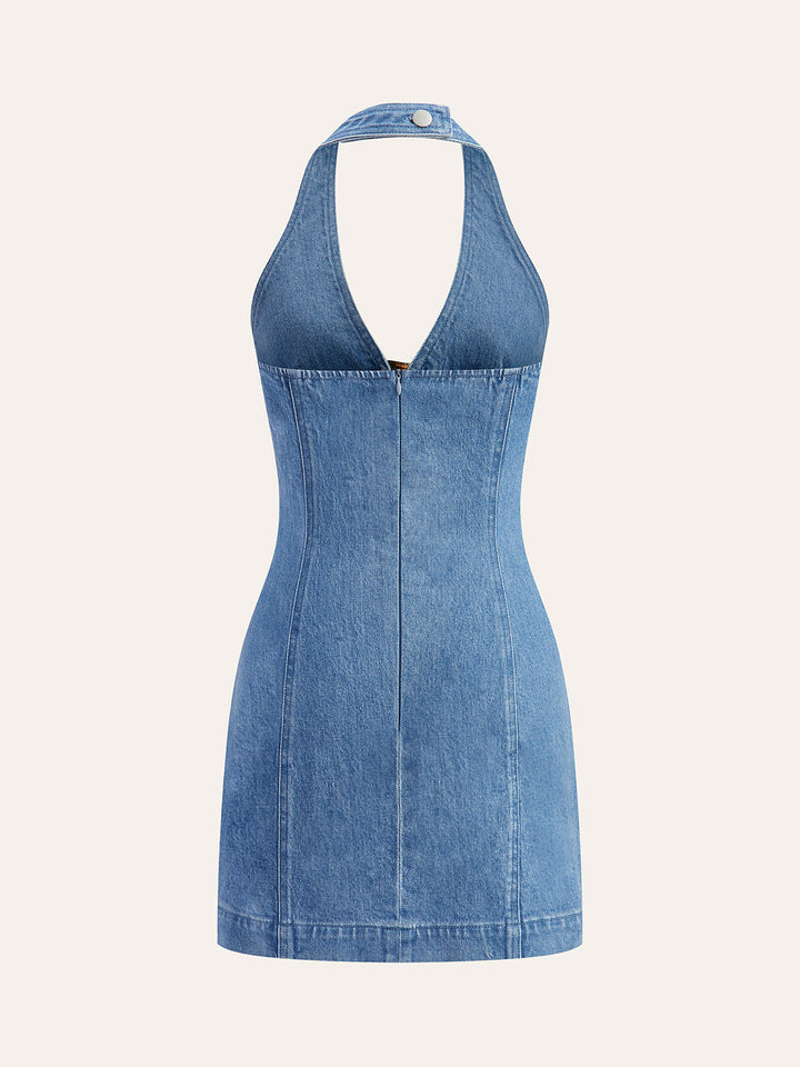 Women’s Denim Halter Mini Dress with Buckle Detail