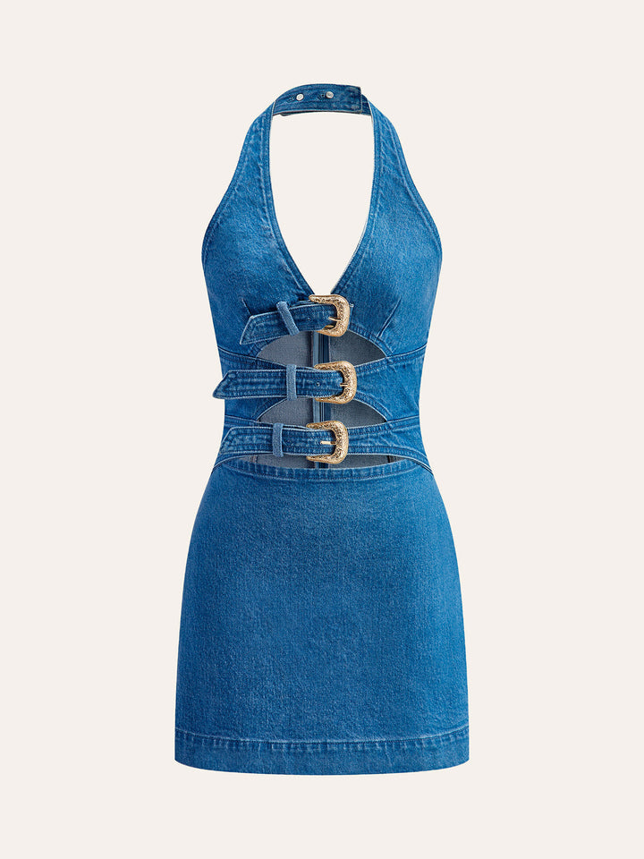 Women’s Denim Halter Mini Dress with Buckle Detail