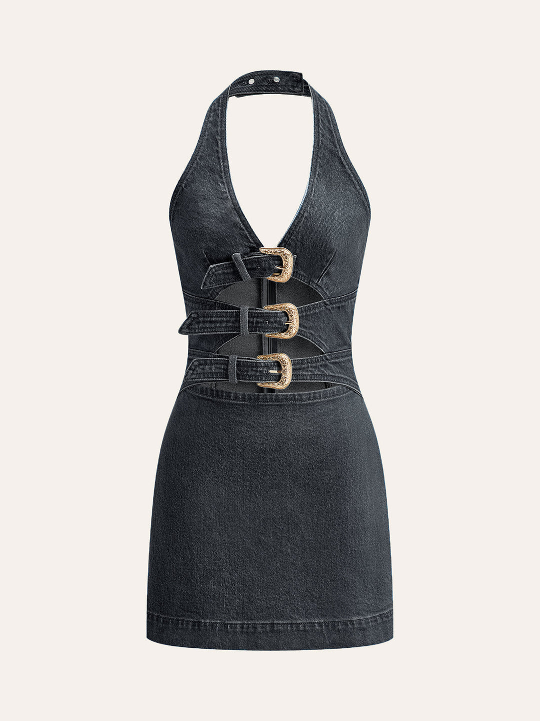 Women’s Denim Halter Mini Dress with Buckle Detail