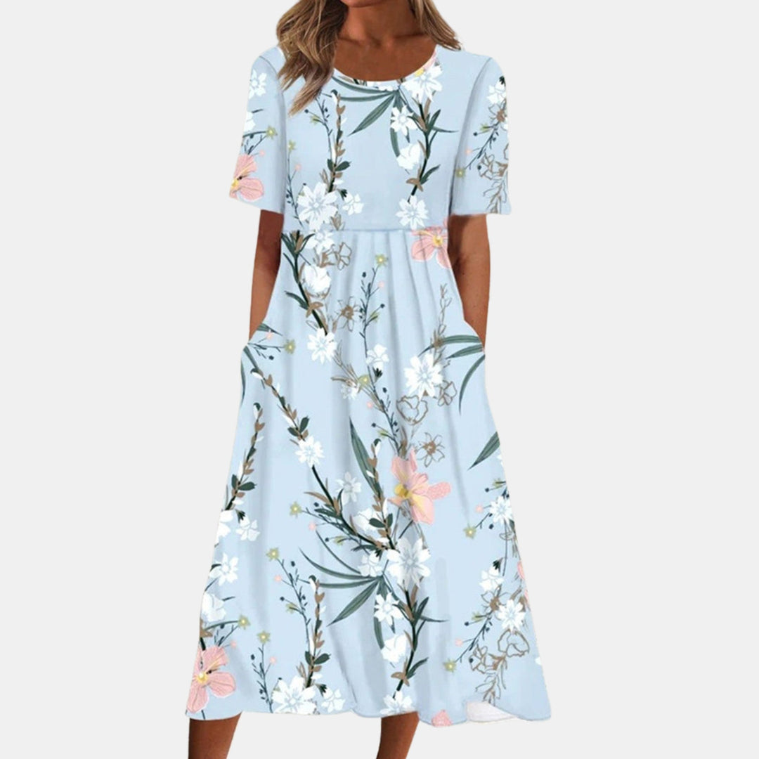 Women's Floral Midi Dress with Short Sleeves