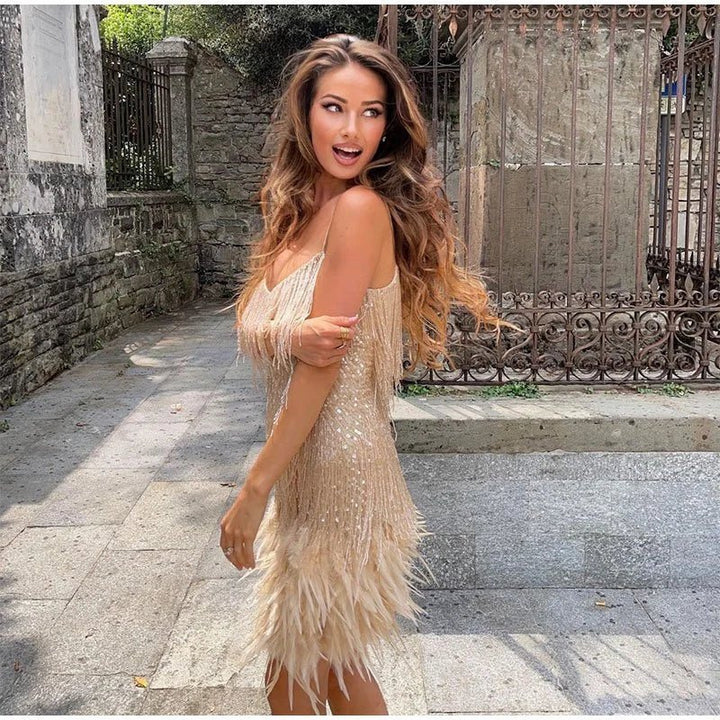 Women’s Sequin Party Evening Mini Dress with Feather Trim