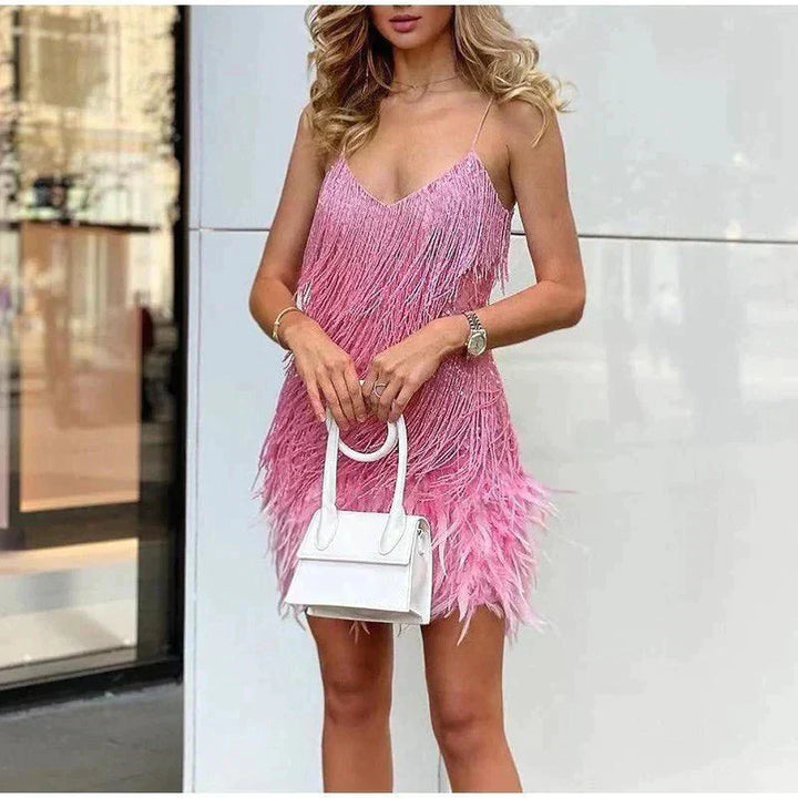 Women’s Sequin Party Evening Mini Dress with Feather Trim