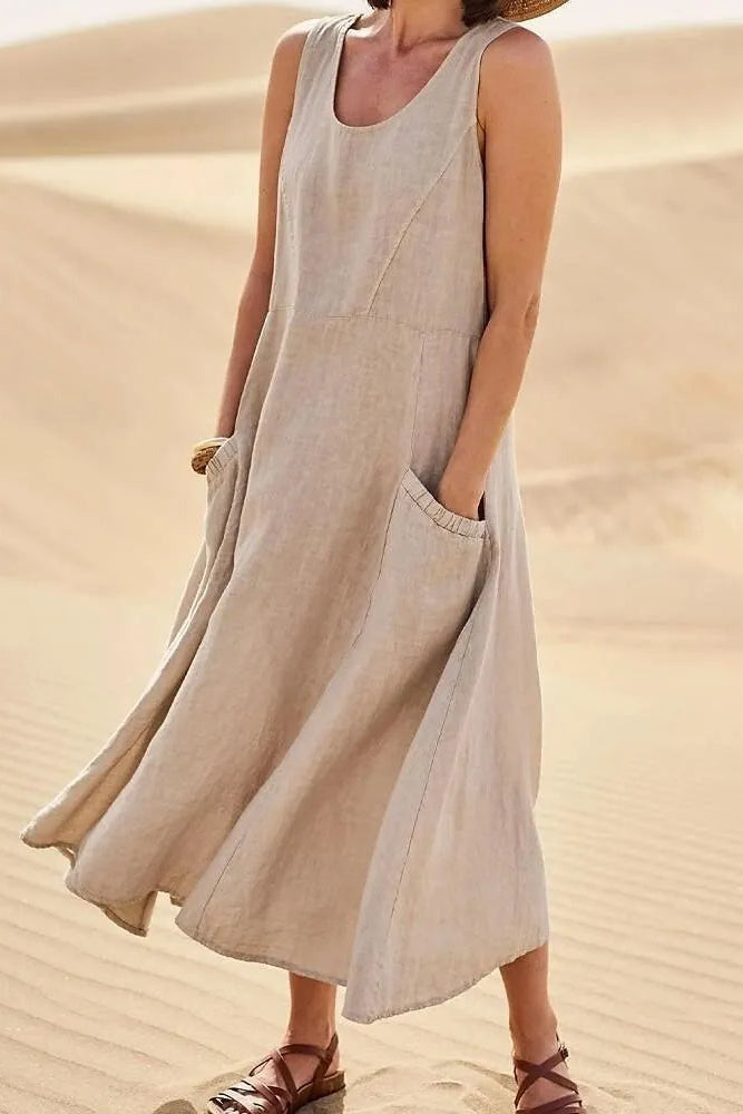 Women’s Sleeveless Cotton A-line Summer Midi Dress with Side Pockets