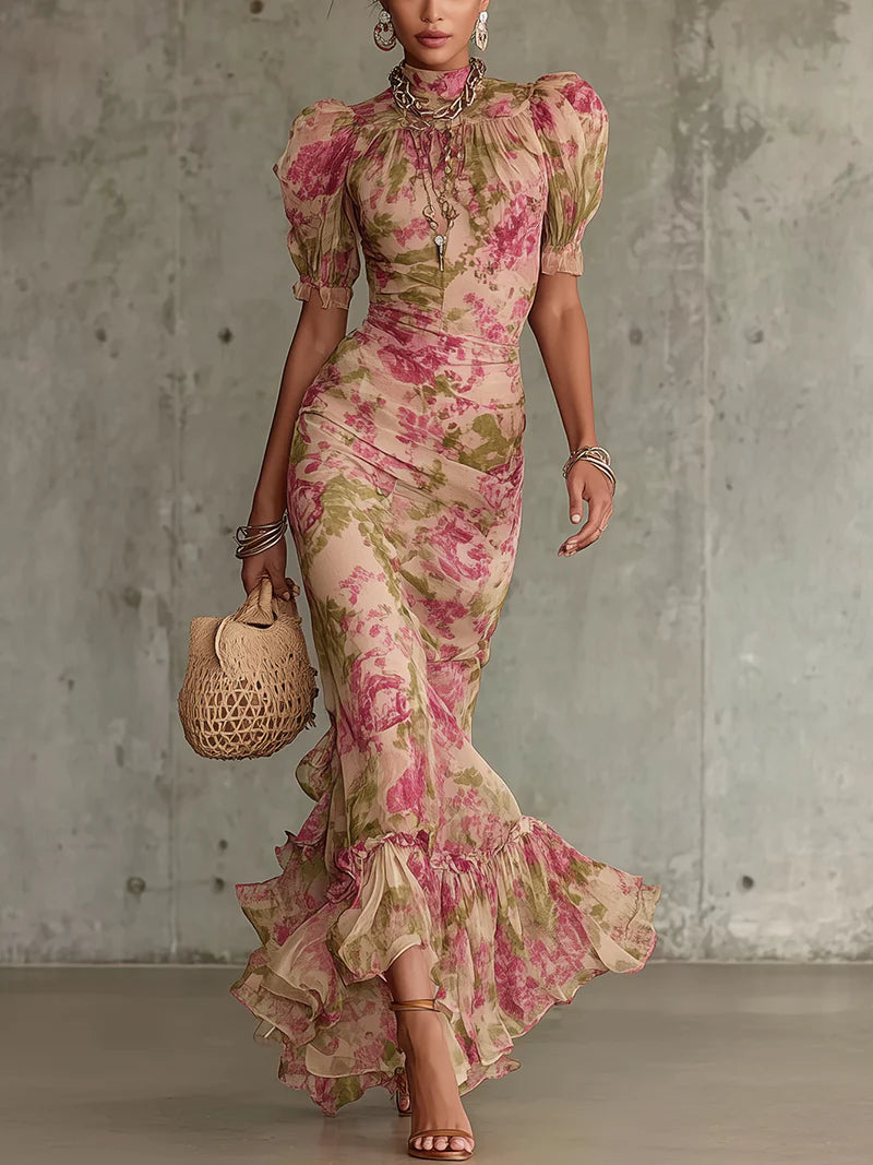Women's Floral High Neck Ruffle Maxi Dress with Puff Sleeves