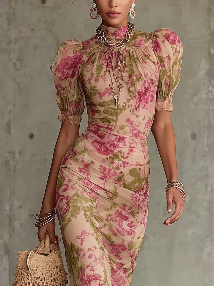 Women's Floral High Neck Ruffle Maxi Dress with Puff Sleeves