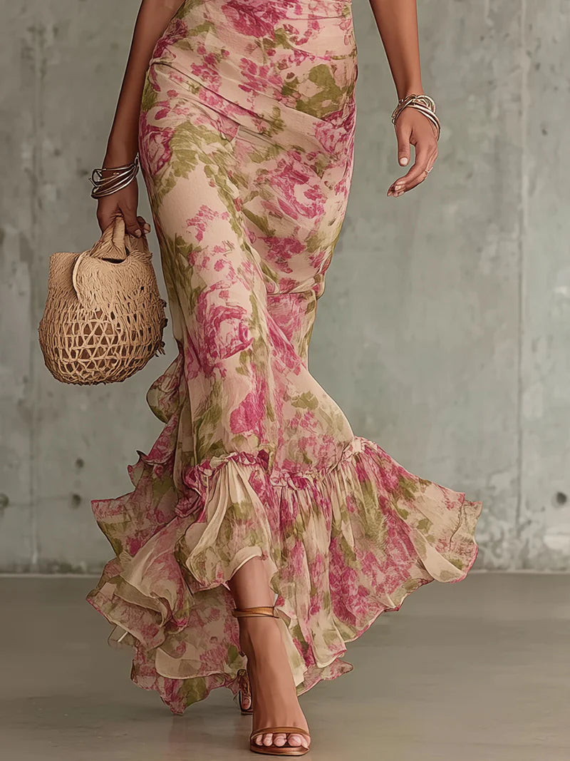 Women's Floral High Neck Ruffle Maxi Dress with Puff Sleeves