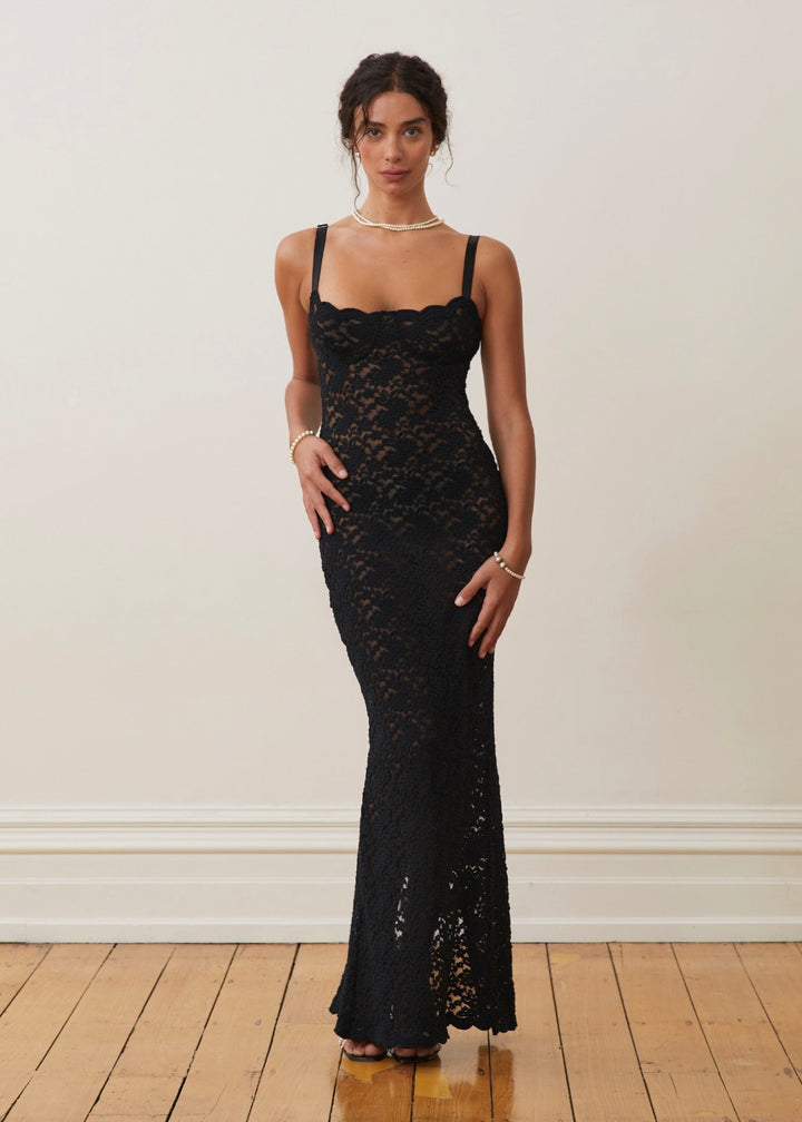 Women’s Lace Floral Embroidered Maxi Dress with Back Split