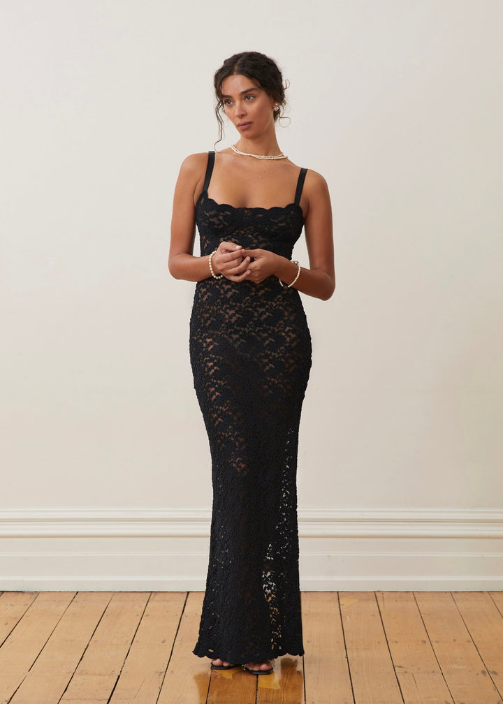 Women’s Lace Floral Embroidered Maxi Dress with Back Split