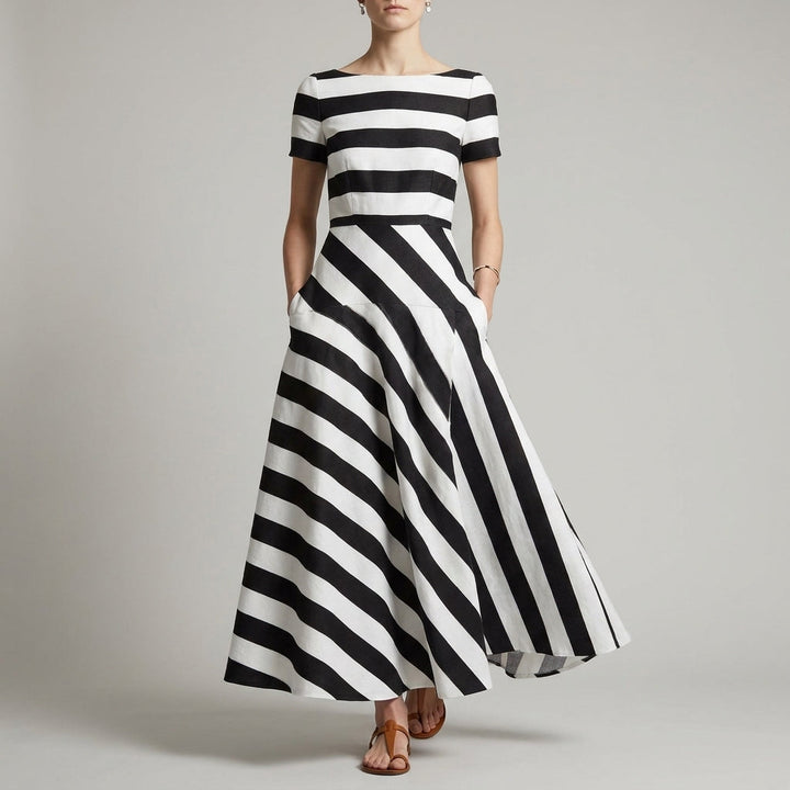 Women's A-Line Ankle-Length Striped Maxi Dress with Pockets