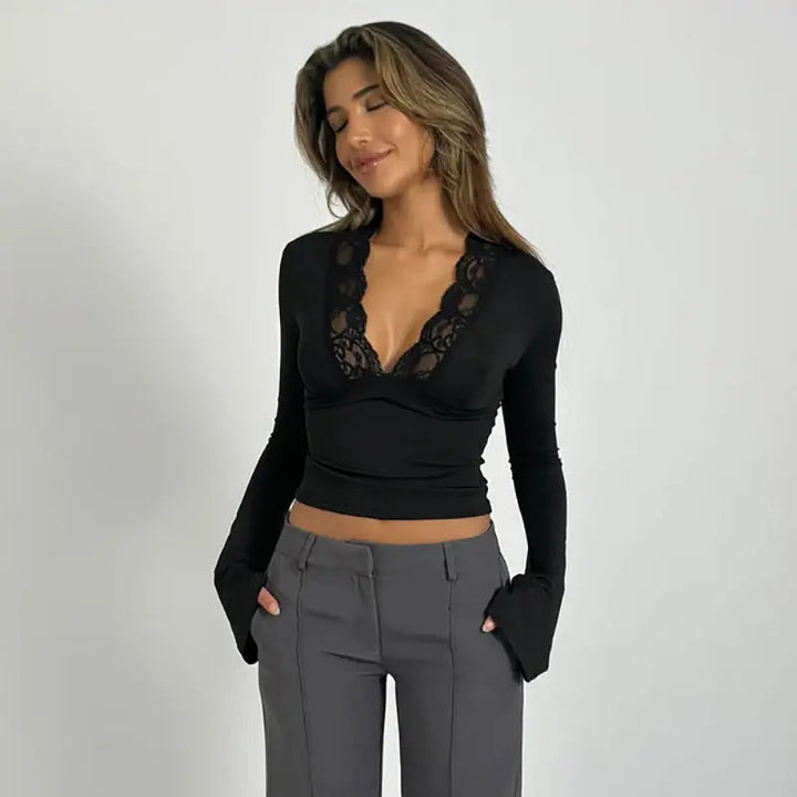Women’s V-Neck Lace-Trim Top with long sleeves