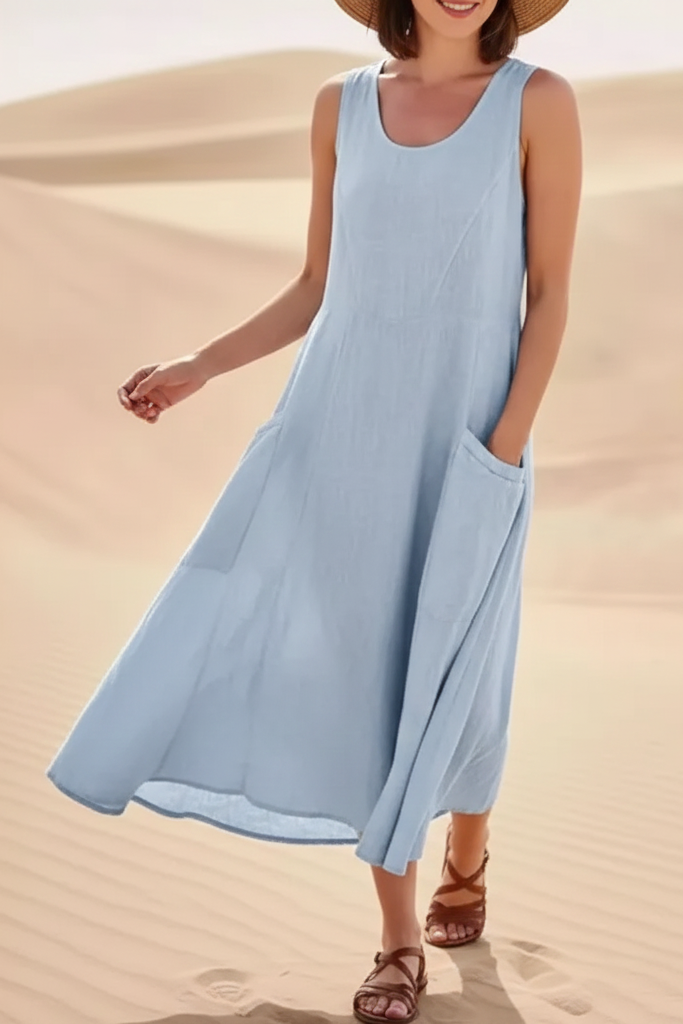 Women’s Sleeveless Cotton A-line Summer Midi Dress with Side Pockets