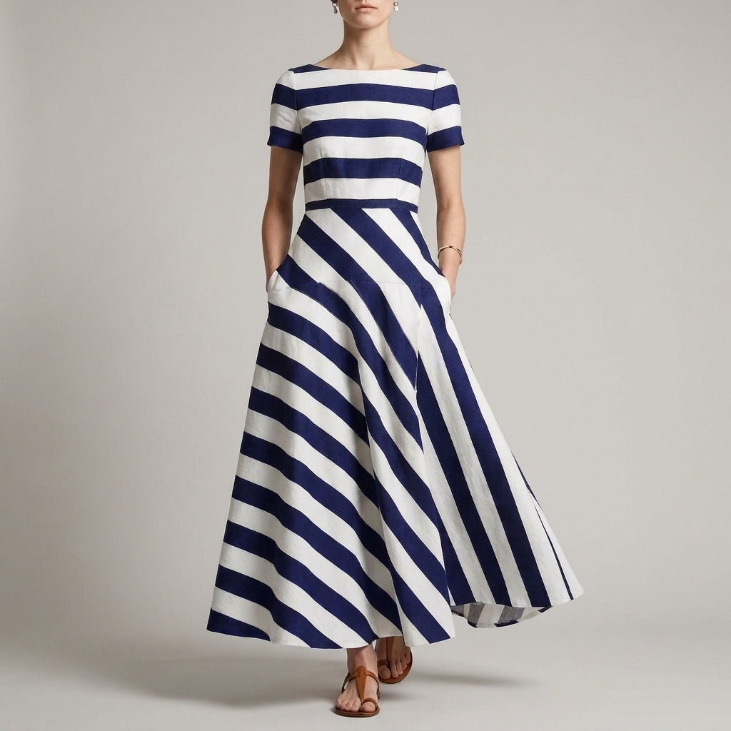 Women's A-Line Ankle-Length Striped Maxi Dress with Pockets
