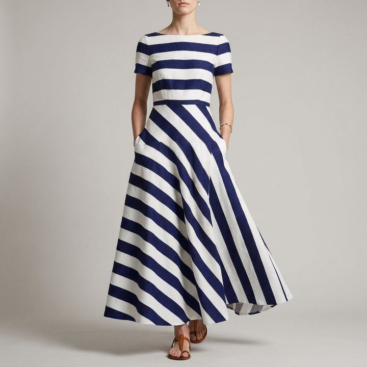 Women's A-Line Ankle-Length Striped Maxi Dress with Pockets