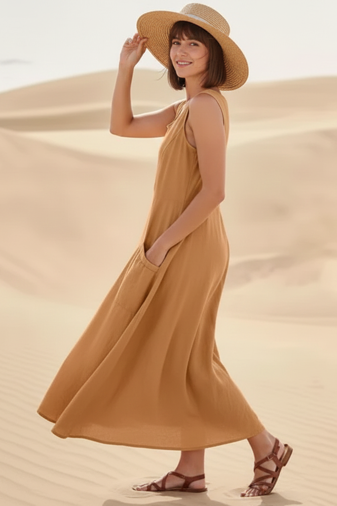 Women’s Sleeveless Cotton A-line Summer Midi Dress with Side Pockets