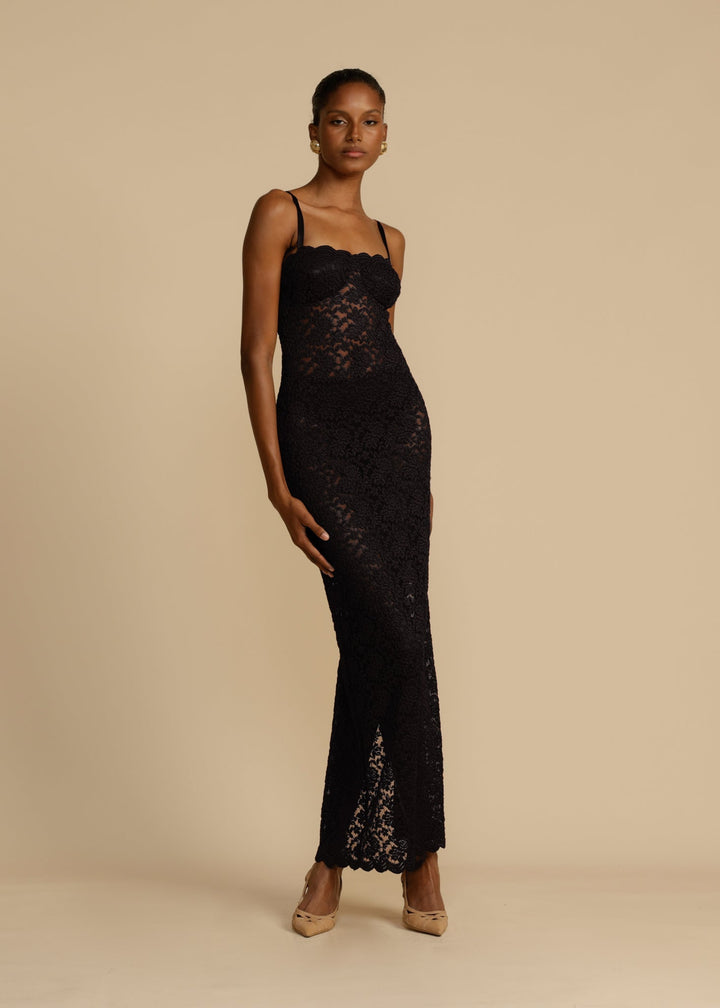 Women’s Lace Floral Embroidered Maxi Dress with Back Split