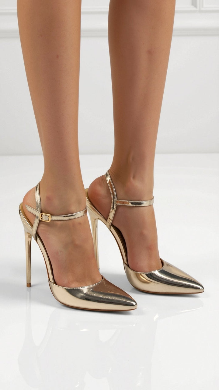 Women's Metallic Stilettos Heels Pointed-Toe with Ankle-Strap