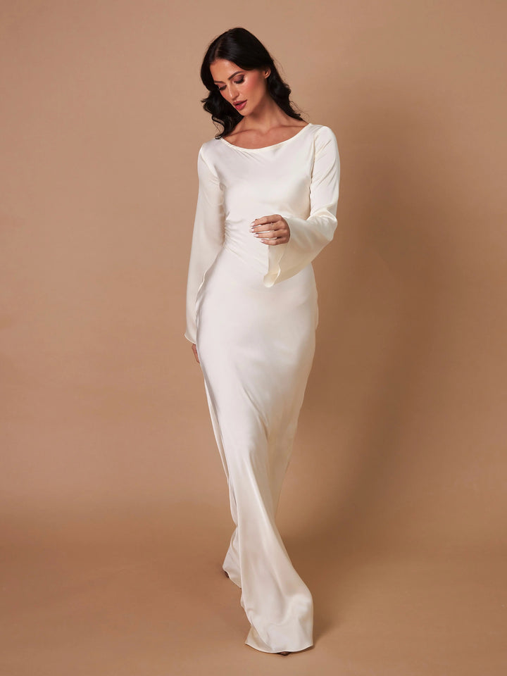 Women’s Satin Lace-Up Waist Maxi Dress with Long Fluted Sleeves