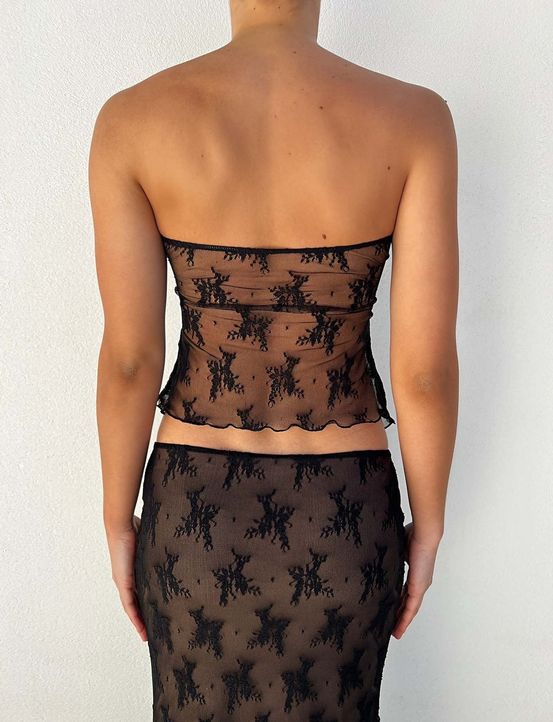Women’s Strapless Sheer Lace Two-Piece Set with Maxi Skirt