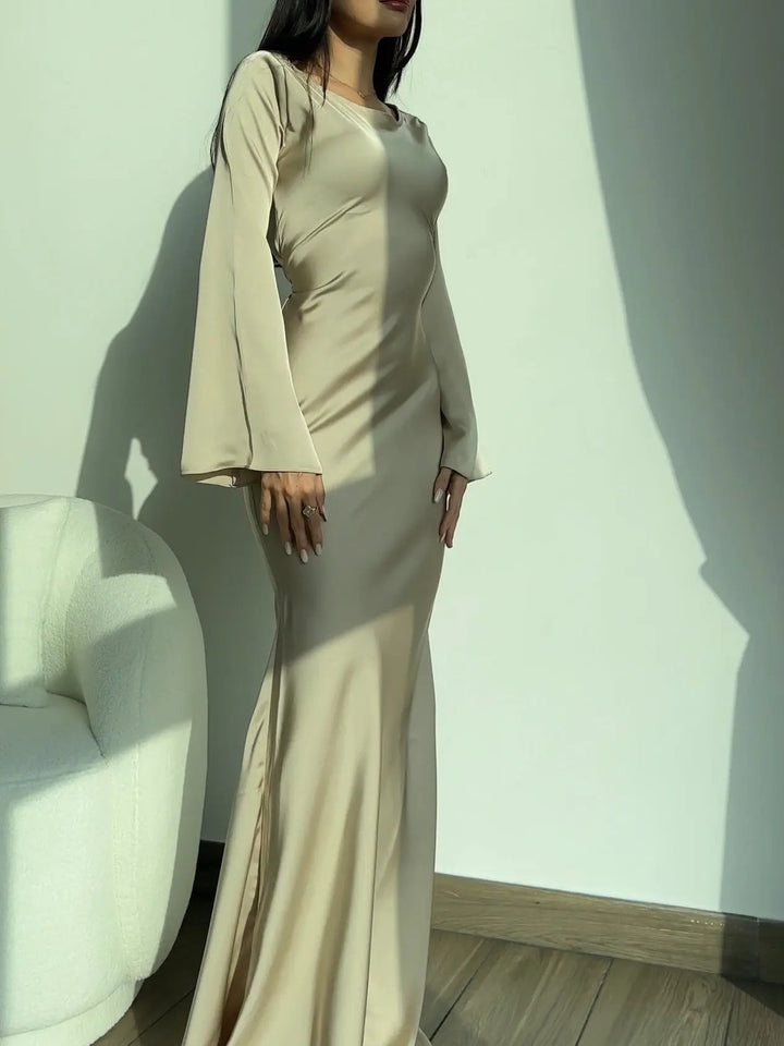 Women’s Satin Lace-Up Waist Maxi Dress with Long Fluted Sleeves