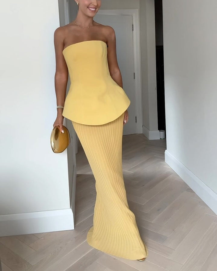 Women’s Strapless Peplum Maxi Dress with Textured Skirt