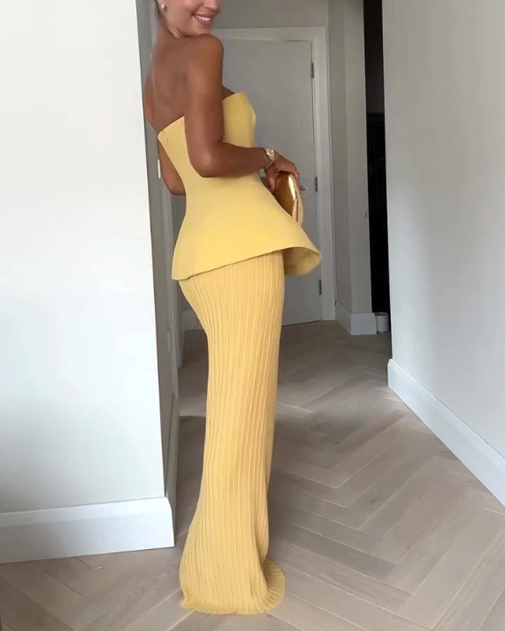 Women’s Strapless Peplum Maxi Dress with Textured Skirt