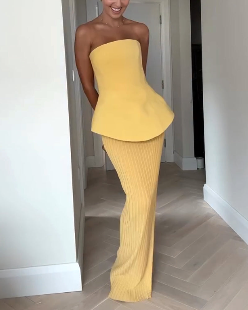 Women’s Strapless Peplum Maxi Dress with Textured Skirt