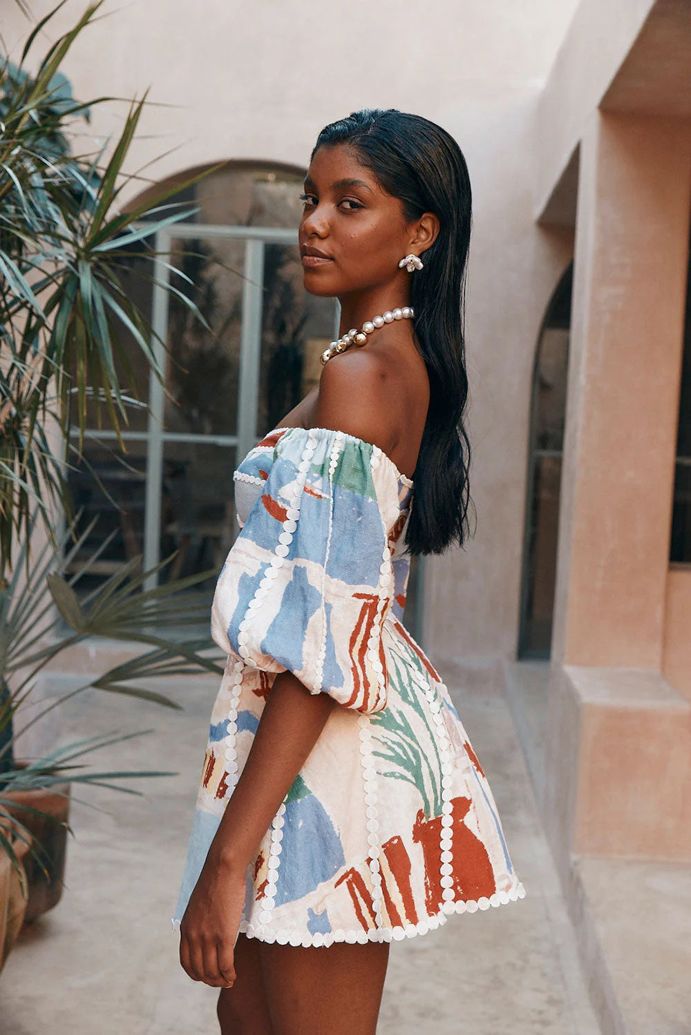 Women’s Off-Shoulder Puff Sleeve Mini Dress with V-Neck