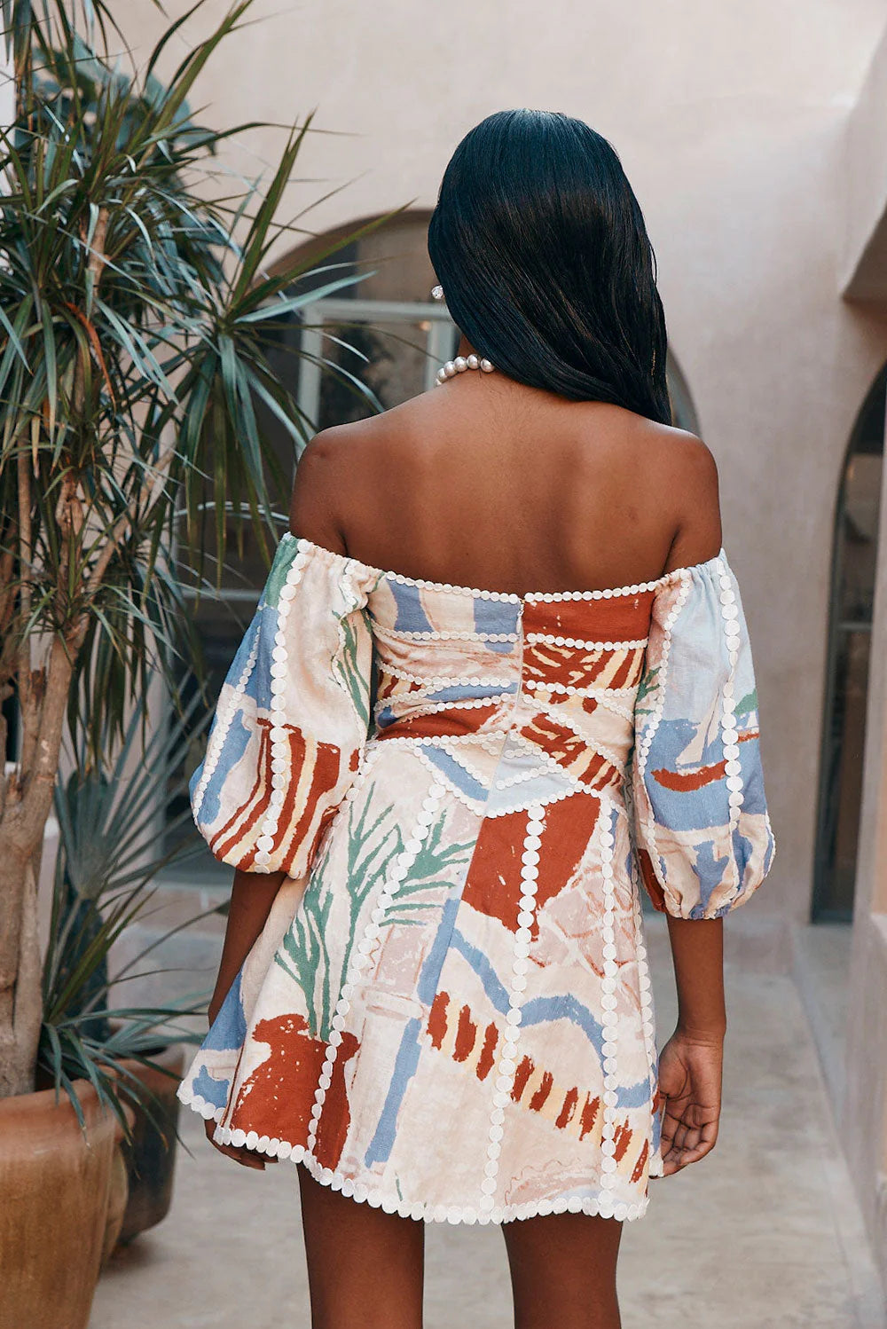 Women’s Off-Shoulder Puff Sleeve Mini Dress with V-Neck