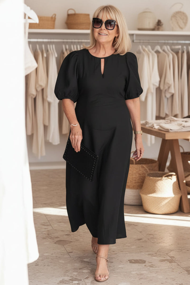 Women’s Puff Sleeve Cotton Midi Dress with Keyhole Neck