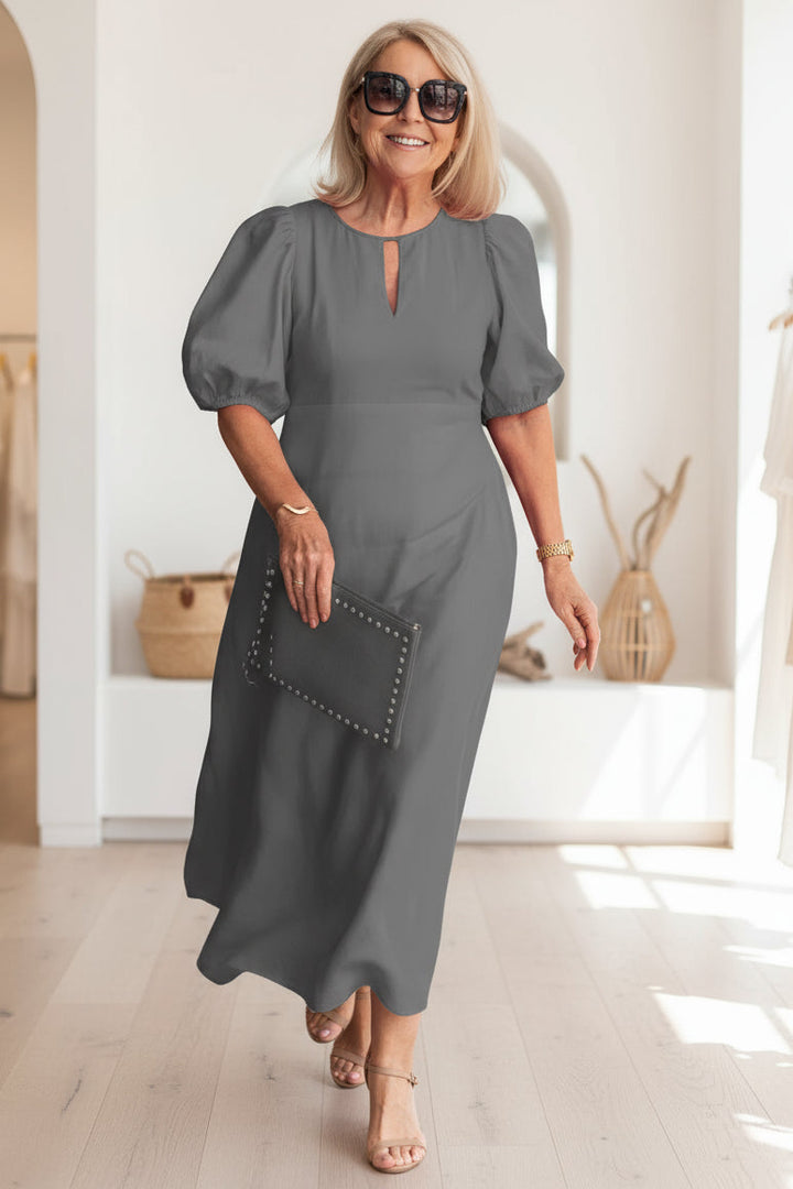 Women’s Puff Sleeve Cotton Midi Dress with Keyhole Neck