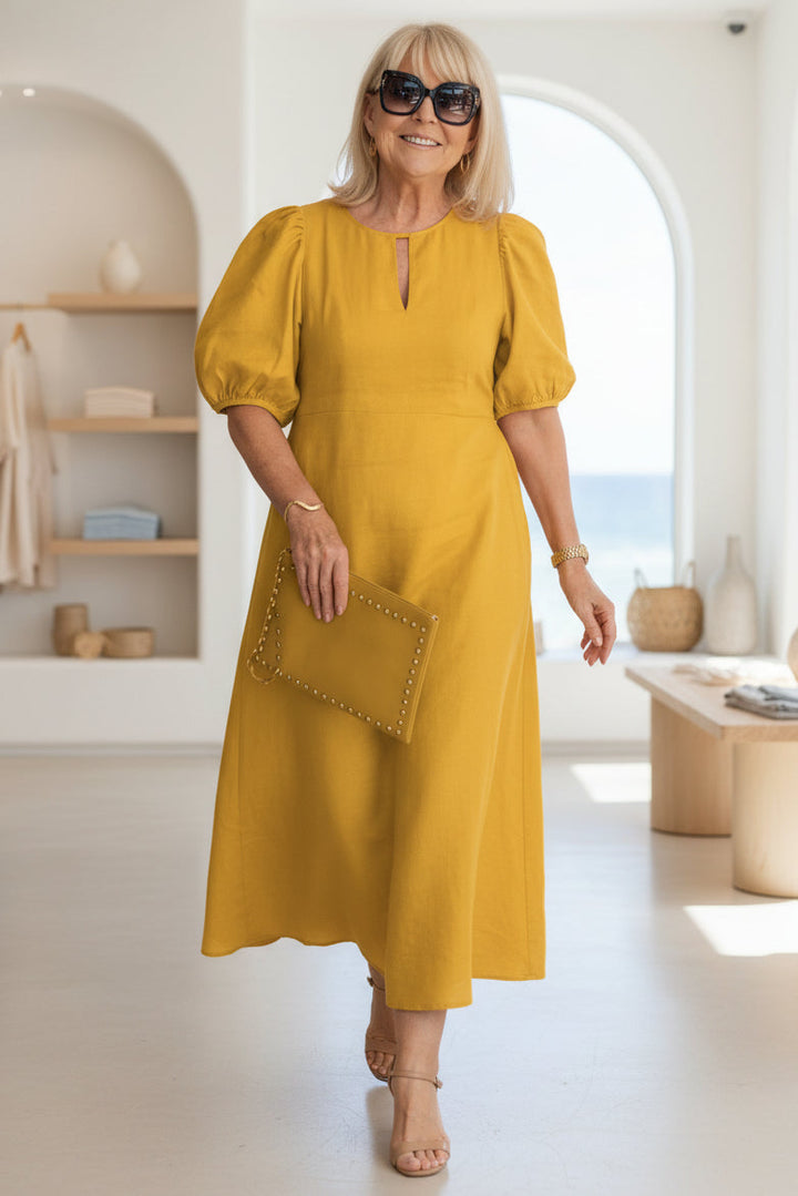 Women’s Puff Sleeve Cotton Midi Dress with Keyhole Neck