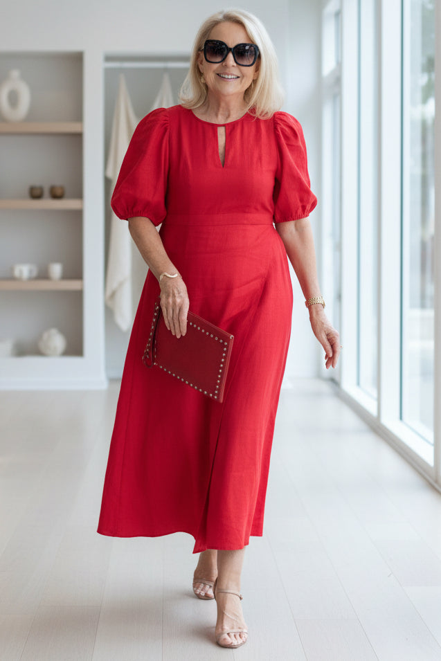 Women’s Puff Sleeve Cotton Midi Dress with Keyhole Neck