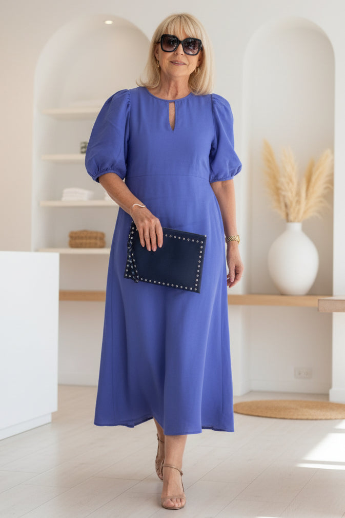 Women’s Puff Sleeve Cotton Midi Dress with Keyhole Neck