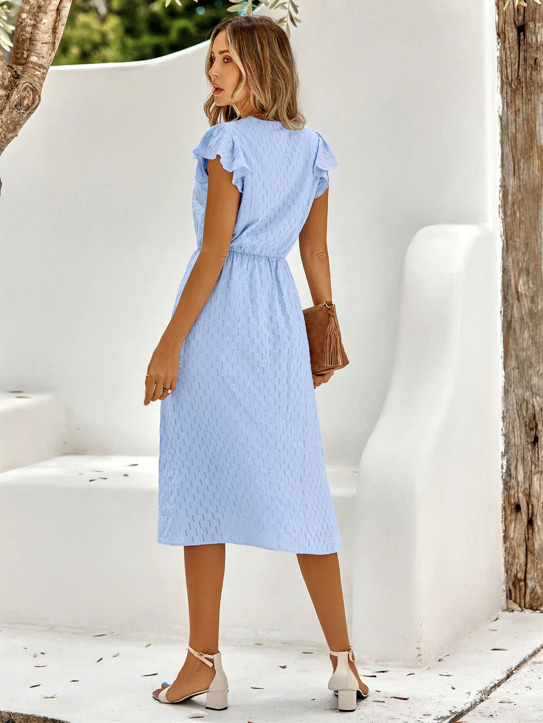 Women’s Ruffled Sleeve Midi Dress with V-neck