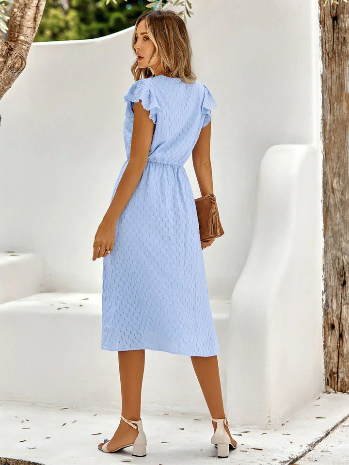 Women’s Ruffled Sleeve Midi Dress with V-neck