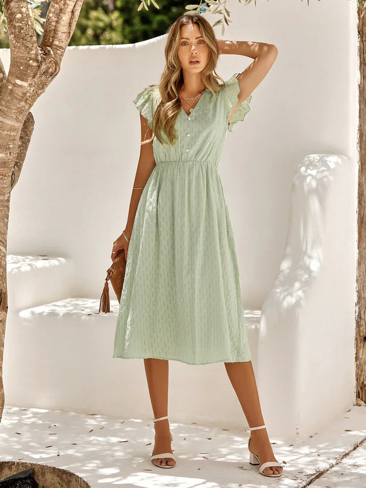 Women’s Ruffled Sleeve Midi Dress with V-neck