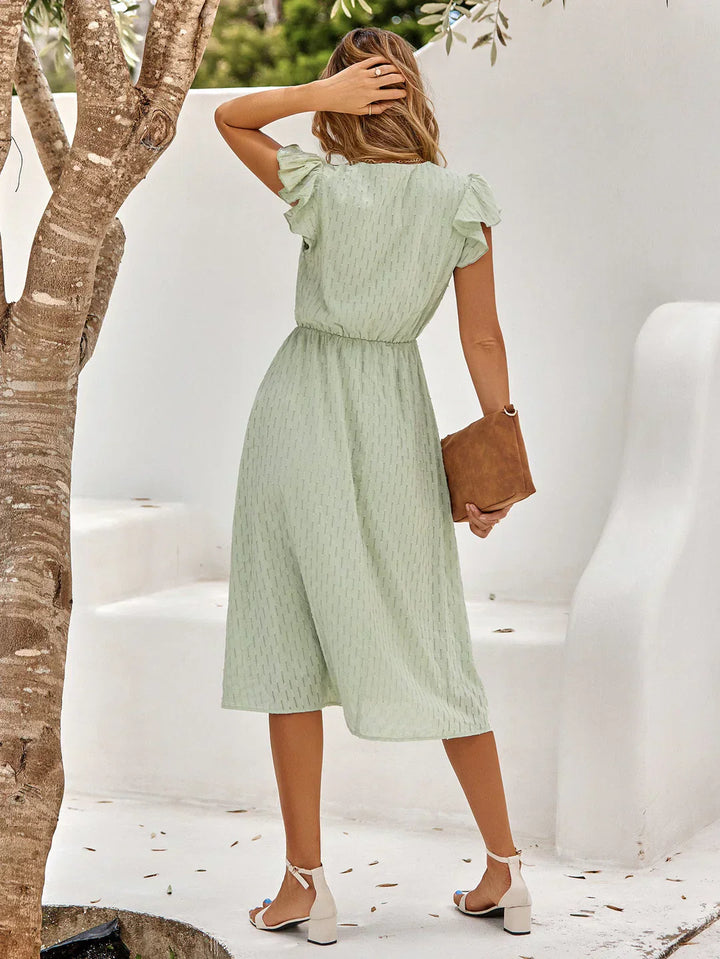 Women’s Ruffled Sleeve Midi Dress with V-neck