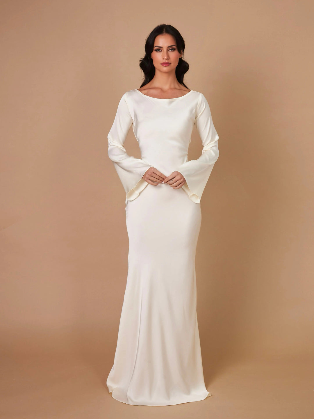 Women’s Satin Lace-Up Waist Maxi Dress with Long Fluted Sleeves