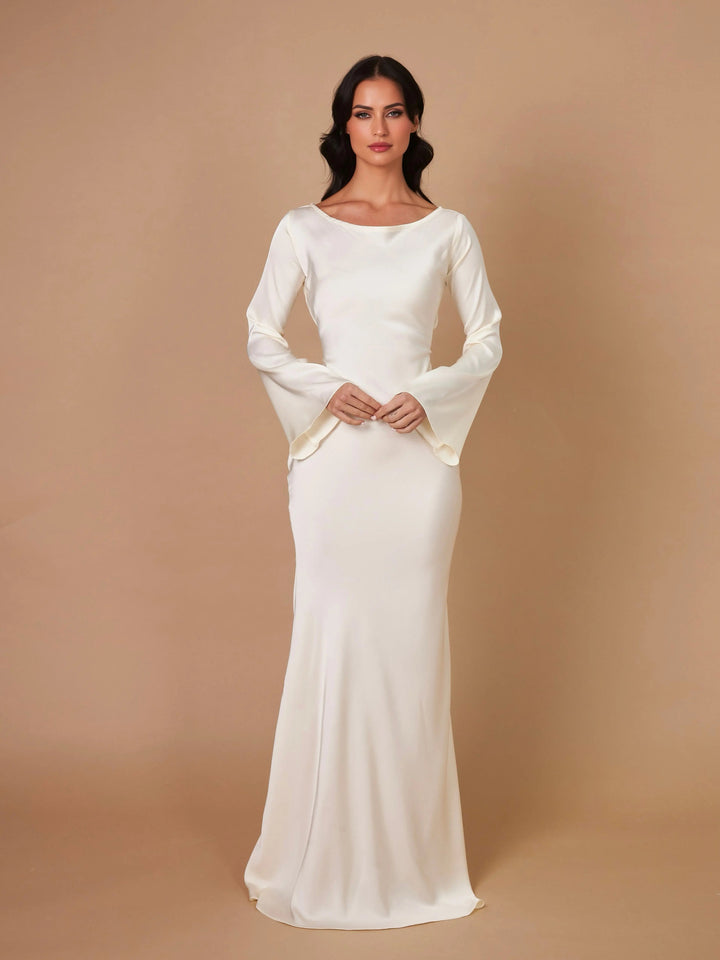 Women’s Satin Lace-Up Waist Maxi Dress with Long Fluted Sleeves