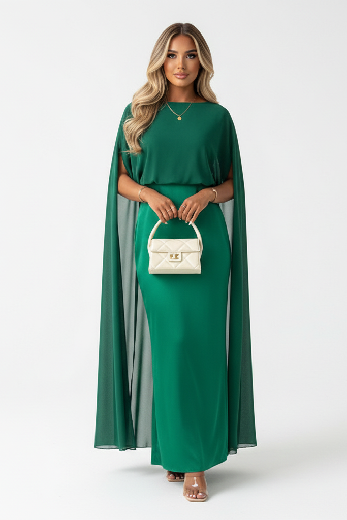 Women's Satin Evening Maxi Dress with Round Neck