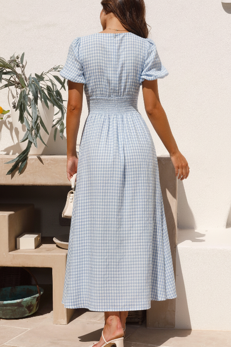 Women’s Midi Dress with Puff Sleeves and V-Neck