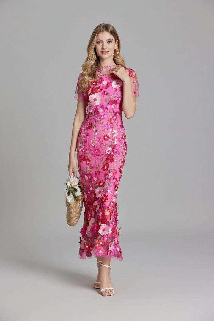 Women’s Floral Embroidered Sheer Maxi Dress with Short Sleeves