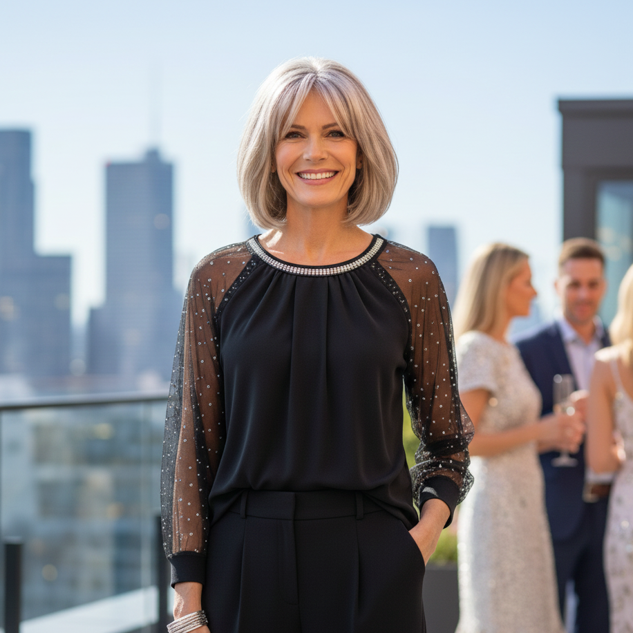 Women’s Sequin Embellished Evening Top with Mesh Long Sleeves