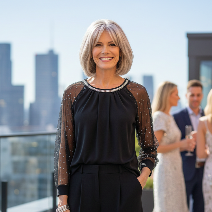 Women’s Sequin Embellished Evening Top with Mesh Long Sleeves