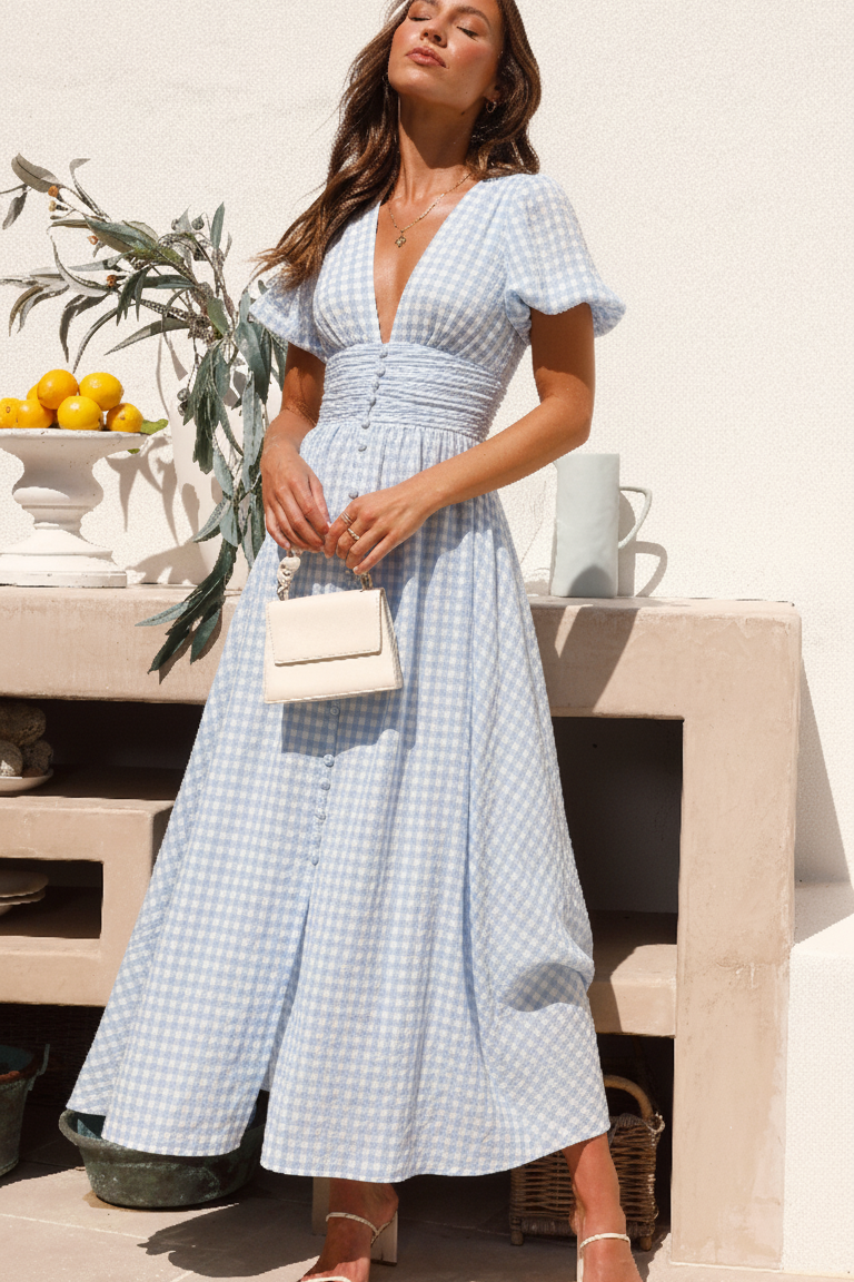 Women’s Midi Dress with Puff Sleeves and V-Neck