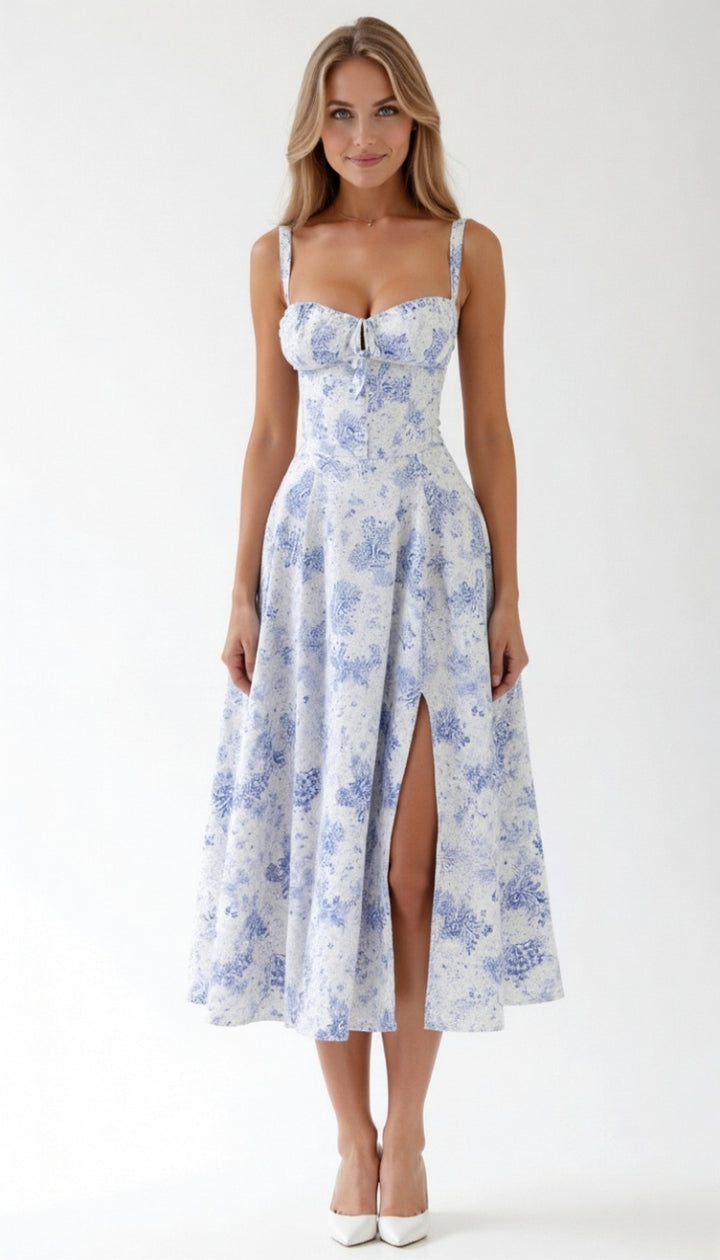 Women's Bustier Corset A-line Midi Dress with Front Slit