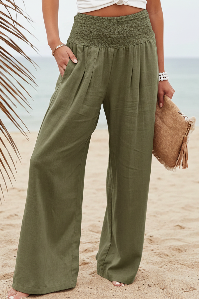 Women’s High Waist Linen Palazzo Wide-Leg Pants with Waistband